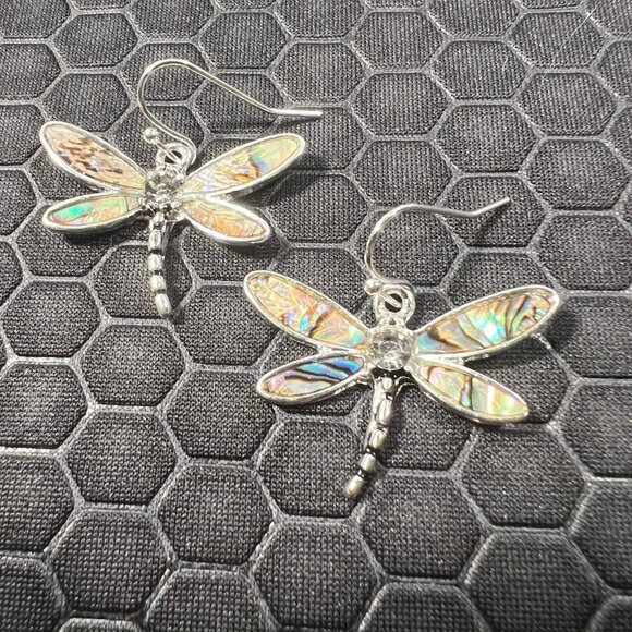 Dragonfly Earrings with Green Abalone Stones 18K White Gold Plated - Picture 1 of 1